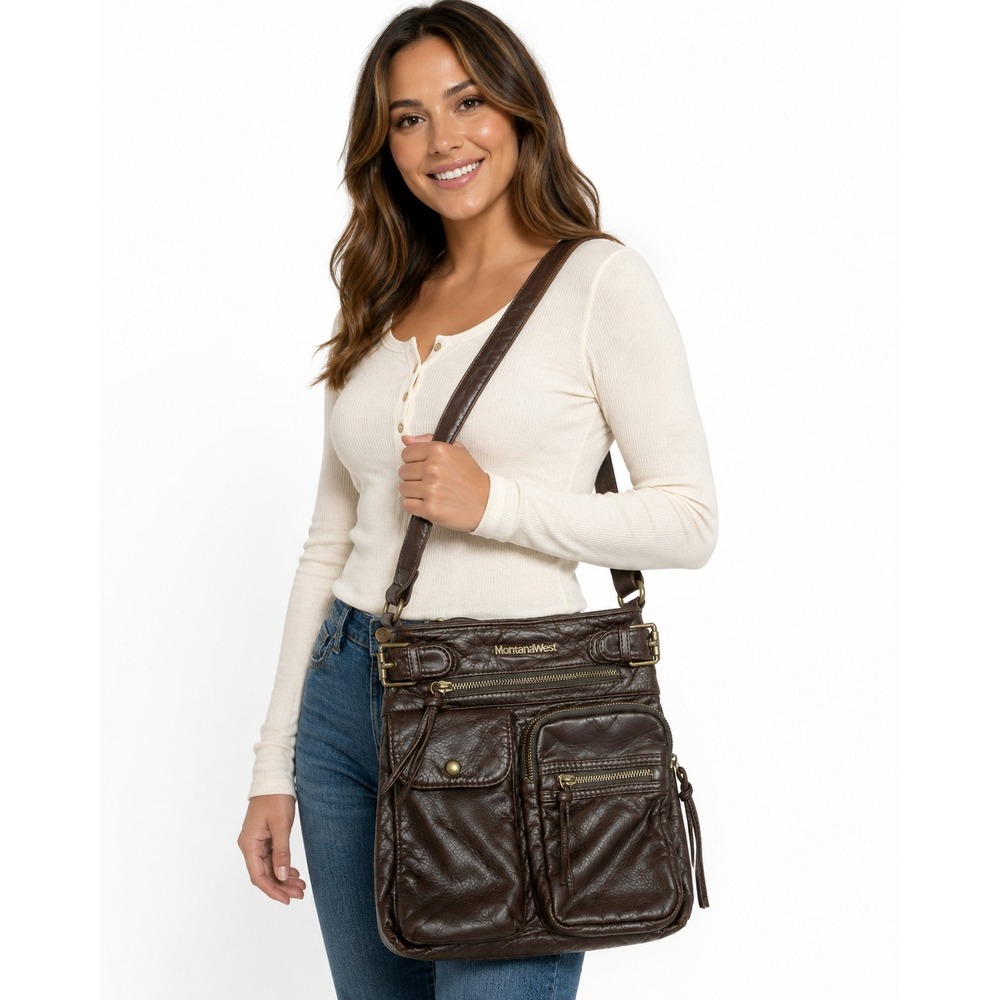 Montana West Soft Washed Faux‎ Leather Multi Pocket Shoulder Purse Crossbody Bag